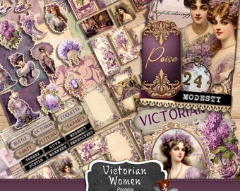 May include: A digital printable ephemera pack with a Victorian theme. The pack includes images of women in Victorian clothing, flowers, and text elements. The text includes the words "Poise", "Modesty", "Victorian", "Etiquette", "Tea Party", "Bustle", "Dainty", "Petticoat", "Corset", "Gown", "Manners", and "Embroidery".