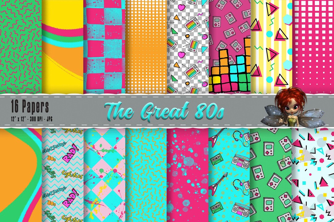 Bright 80s Scrapbook Paper Pack, Retro Paper, Printable Paper, Digital ...