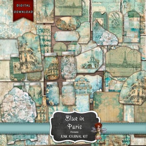 Kit de diario basura de París azul, tema azul con efímera, kit de diario de viaje de bricolaje, descarga instantánea, papel imprimible, diario de bricolaje