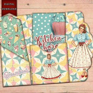 Op de afbeelding: Een digitale download van een vintage-stijl scrapbook papierset met een keukenthema. Het papier heeft een retro keukenontwerp met een rood-wit geruit schort, een blauw-wit stippenpatroon en een geel en roze sterburstpatroon. De tekst "Kitchen Charm" en "Dreamboat" is opgenomen in het ontwerp.