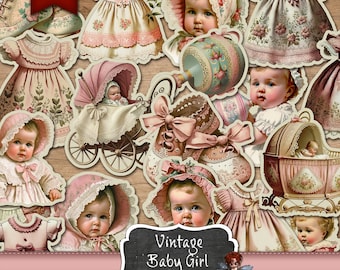 Vintage Baby Girl Junk Journal, Baby Girl Stickers, Junk Journal Supplies, Antique Photo, Pink Baby Girl, Vintage Clip Art, Digital Download