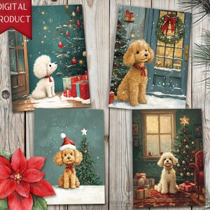 Conjunto de cartões de Natal de poodle para download digital | Cartões festivos de Natal com poodles adoráveis | Cartões de felicitações de Natal para impressão - Cartões de cachorro