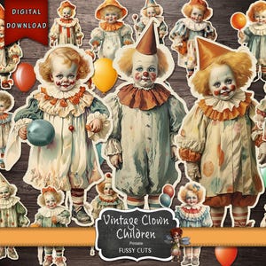 Espeluznantes niños payasos vintage, cortes quisquillosos de Halloween, efímera de Halloween, diario de Halloween, niños espeluznantes, diario de Halloween, imprimible