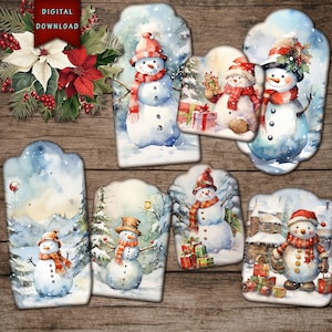 Etiquetas de muñeco de nieve vintage, suministros para diarios basura navideños, etiquetas navideñas, material efímero navideño, descarga digital, etiquetas imprimibles, etiquetas de regalo