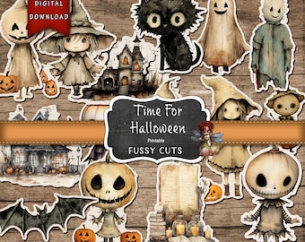 Journal Supplies, Halloween Fussy Cut Set, Spooky Printable Ephemera Digital Download, DIY Stickers