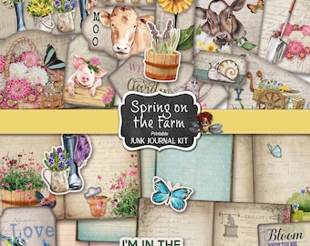 May include: Printable junk journal kit with a spring farm theme. The kit includes images of flowers, a cow, a pig, a butterfly, a snail, a wheelbarrow, a watering can, a well, a garden, and a book. The kit also includes the text "Spring on the Farm", "I'm in the Garden", and "Bloom Where You Are Planted".