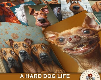 May include: A digital paper pack with a whimsical theme featuring illustrations of dogs. The pack includes six pages with a variety of dog breeds, including a chihuahua, a Great Dane, and a pug. The paper pack is perfect for scrapbooking, card making, and other paper crafts.