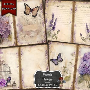 10 Printable Purple Flowers Journal Pages, Floral Paper, Garden Junk Journal, Digital Download, Journal Kit, Junk Journal Supplies, Lavender