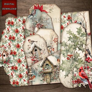 Vinterfåglar skräpjournal folio, digital nedladdning, kardinalfågel, skräpjournal folio, skräpjournaltillbehör, julskräpjournal, rödfågel bild 2