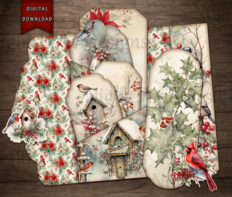 Vinterfåglar skräpjournal folio, digital nedladdning, kardinalfågel, skräpjournal folio, skräpjournaltillbehör, julskräpjournal, rödfågel bild 2