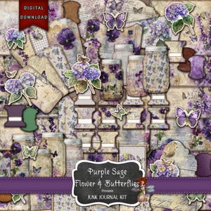 Kit de diário de lixo com flores e borboletas roxas e sálvia, diário de flores, suprimentos para diário de lixo, itens florais efêmeros, roxo, download digital