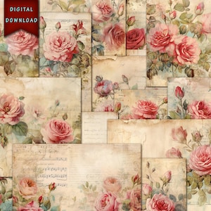 25 Printable Rose Journal Pages, Grungy Roses Junk Journal, Rose Paper, Digital Download, Journal Kit, Junk Journal Supplies, Rose Paper