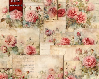 May include: A digital collage of vintage-style images featuring pink roses on a textured background. The images are arranged in a grid pattern and have a faded, antique look.