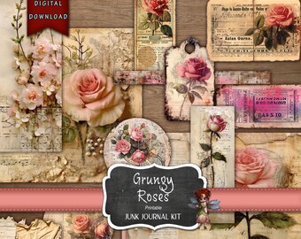 May include: A digital printable junk journal kit with a grunge aesthetic featuring images of pink roses, vintage paper, and music notes. The kit includes the text "Grungy Roses Printable Junk Journal Kit".