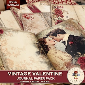 May include: Vintage Valentine journal paper pack with 24 pages, 300 DPI, and measures 11 inches by 8.5 inches. The cover features a romantic couple kissing with a red rose in the background. The paper pack is perfect for scrapbooking, card making, and other paper crafts.