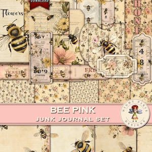 Bee Pink Junk Journal Kit, Journal Supplies, Bee Scrapbook, Bees, Junk Journal Supplies, Digital Download, Journal Kit, Spring Journal