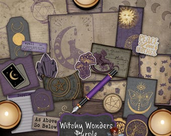 Op de afbeelding: Een printbare junk journal kit met een heksenthema. De kit bevat verschillende papieren, stickers en versieringen in tinten paars en goud. De kit heeft de titel "Witchy Wonders Purple".
