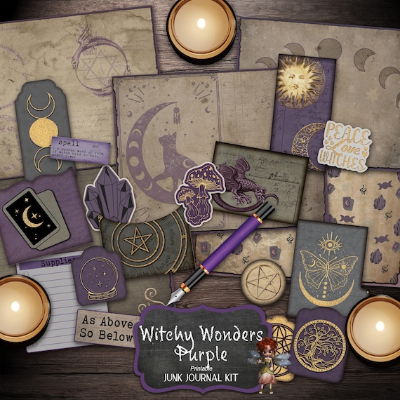 Journal Supplies, Witchcraft Journal Kit, Purple Witchy Wonders, Printable Paper Digital Download
