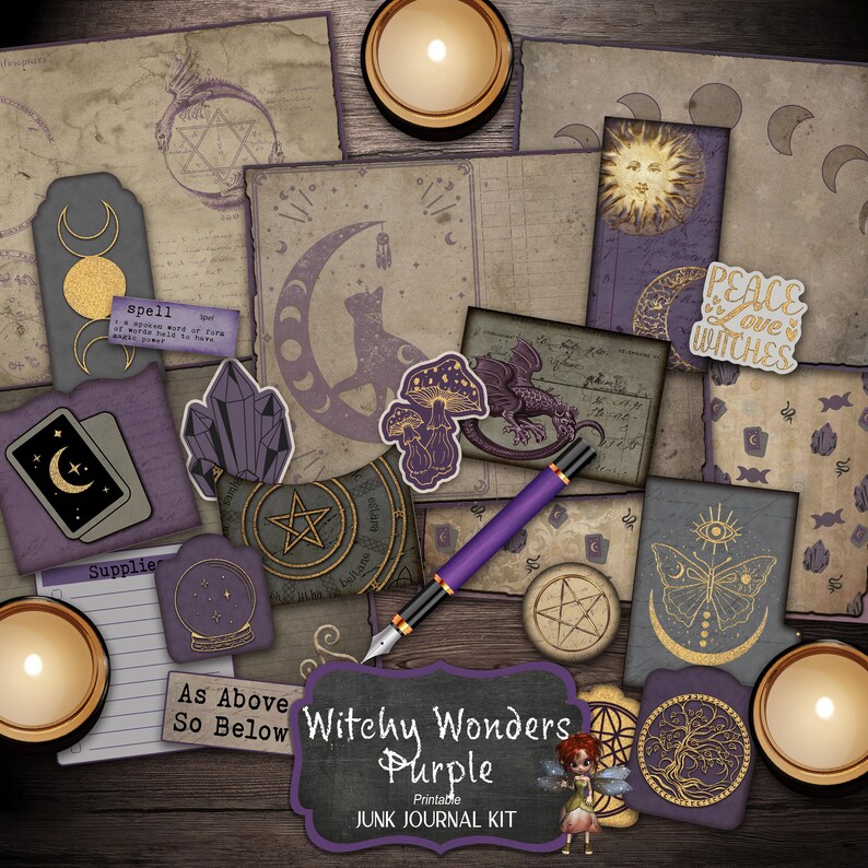 Journal Supplies, Witchcraft Journal Kit, Purple Witchy Wonders, Printable Paper Digital Download image 1