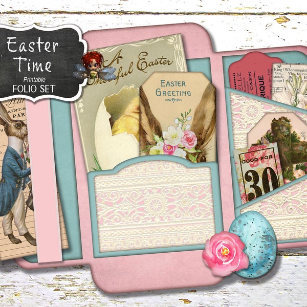 Easter Time Junk Journal Folio and Cards, Fussy Cuts, Digital Download, Journal Kit, Junk Journal Supplies, Digital Journal