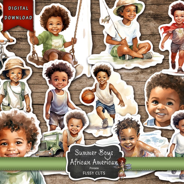 Summer Fun Little Boys African American Version, Children Fussy Cut, POC Stickers, Junk Journal Supplies, BLM , Clip Art, Digital Download