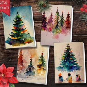Cartões digitais coloridos de árvore de Natal em aquarela, cartões de árvore de Natal, cartões de Natal, cartões de Natal digitais, download digital, cartão faça você mesmo