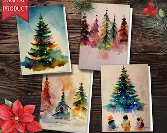 Cartes numériques colorées d'arbre de Noël d'aquarelle, cartes d'arbre de Noël, cartes de Noël, cartes de Noël numériques, téléchargement numérique, carte de DIY