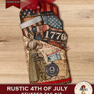 May include: A digital download tag kit featuring a patriotic theme with an American flag pattern, the year 1776, a vintage-style illustration of a person in period clothing, a number 9, a ration book graphic, and a red tulle ribbon at the top.