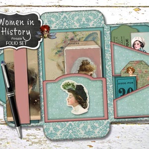 Mulheres na História Junk Journal Folio e Cartões, Vintage Women Fussy Cuts, Download Digital, Kit de Diário, Junk Journal Supply