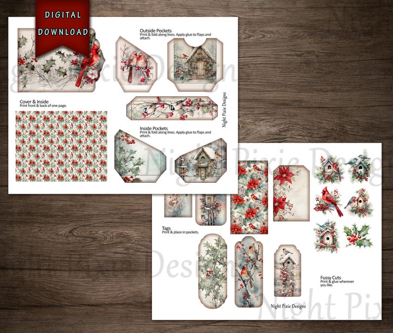 Vinterfåglar skräpjournal folio, digital nedladdning, kardinalfågel, skräpjournal folio, skräpjournaltillbehör, julskräpjournal, rödfågel bild 7