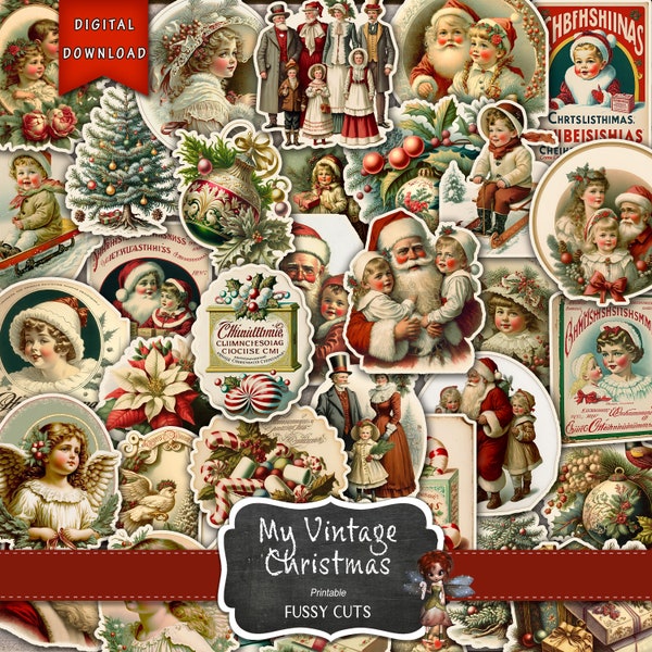 My Vintage Christmas Ephemera, Journaling Supplies, Vintage Christmas, Christmas Junk Journal, Digital Download, DIY Stickers, Vintage Tag