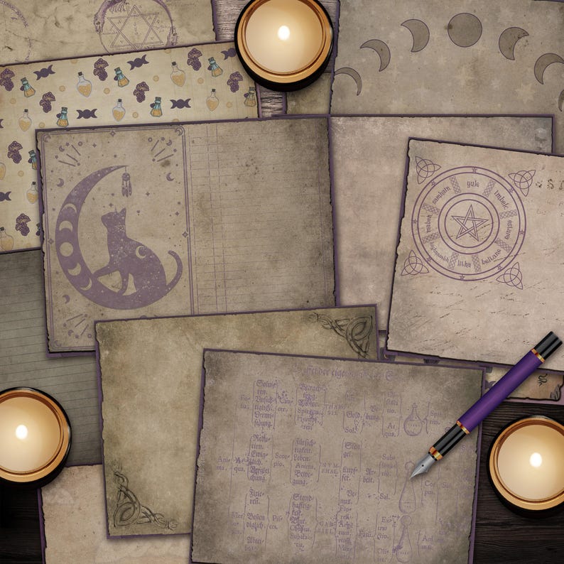 Journal Supplies, Witchcraft Journal Kit, Purple Witchy Wonders, Printable Paper Digital Download image 2