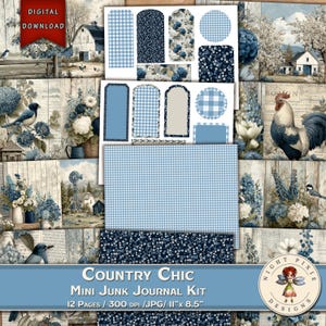 May include: A digital download mini junk journal kit with a country chic theme. The kit includes various patterned papers, tags, and circular elements in shades of blue and white. The design features floral and gingham patterns, along with images of birds and rural scenes.