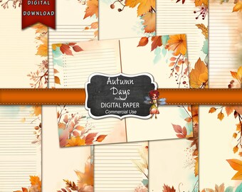 Może przedstawiać: Pakiet papieru cyfrowego z jesiennymi liśćmi i akwarelowym tłem. Papier ma linie i tabliczkę z napisem "Autumn Days Printable Digital Paper Commercial Use".