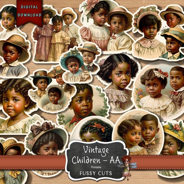 Coupe délicate vintage pour enfants afro-américains, autocollants POC vintage, fournitures pour journal indésirable, photos anciennes, BLM, clipart, téléchargement numérique