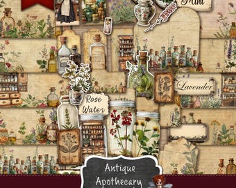May include: Printable junk journal kit with an antique apothecary theme. The kit includes images of bottles, jars, flowers, and herbs. The text "Antique Apothecary Printable Junk Journal Kit" is on a black chalkboard.