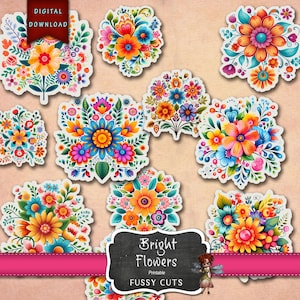 Imágenes prediseñadas de flores brillantes, material para diarios florales, flores para diarios basura, descarga digital, pegatinas de flores para hacer uno mismo, imágenes prediseñadas de flores