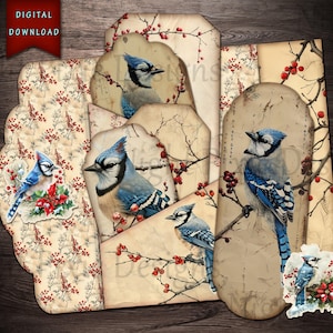 Winter Blue Eichelhäher Junk Journal Folio, digitaler Download, blauer Vogel, Junk Journal Folio, Junk Journal Zubehör, Weihnachten Junk Journal, Bluebird