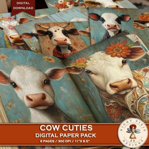 Cute Cows Digital Papers, Digital Download, Animal Journal, Digital Paper, Journal Supplies, Scrapbook Paper, Instant Download, Cows, Farm