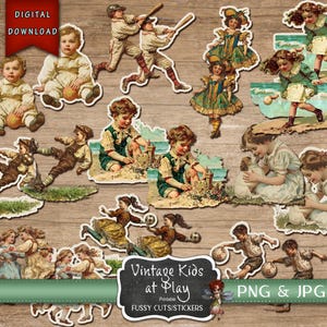 Vintage Kinder im Spiel Fussy Schnitte, Kinder Aufkleber, Junk Journal Zubehör, Clip Art, digitaler Download, Aufkleber