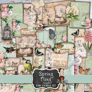 Frühlings Fling Journaling Zubehör, Blumen und Vögel, Vintage Blumen, Junk Journal Zubehör, Digital Download, Journal Kit, Vögel und Bienen
