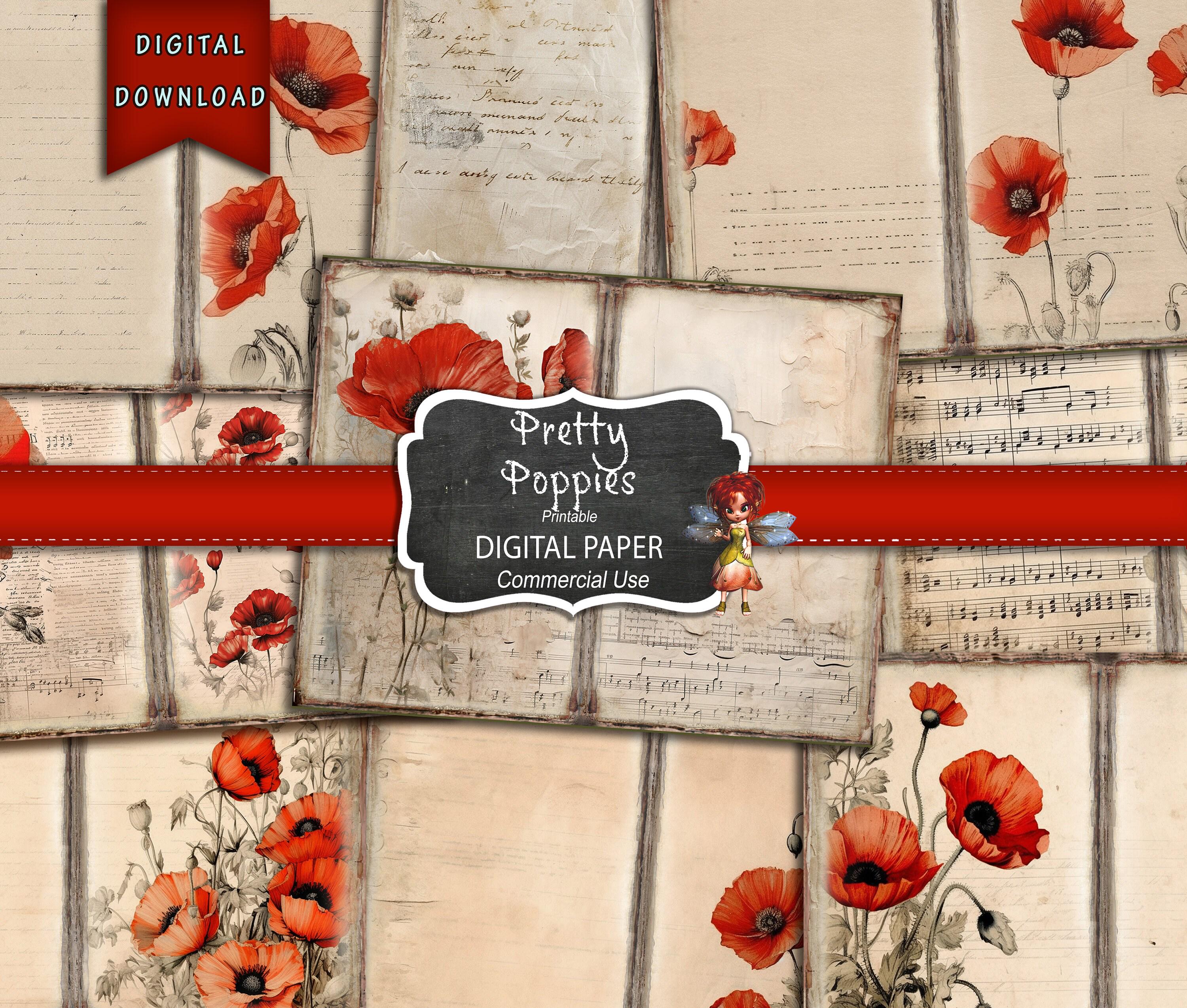 Journal Supplies, Poppy Flowers Printable Paper Pack, Floral Junk ...