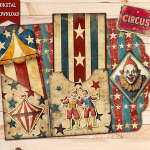 kit folio imprimable cirque vintage, journal numérique éphémères, pages de scrapbooking carnaval rétro, folio imprimable, éphémères cirque, cirque