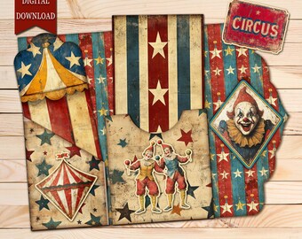 Tijdschriftbenodigdheden, vintage circus ephemera, retro carnaval folio digitale download