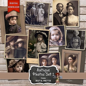 Antike Fotos Set 1, Vintage Kabinett Karte, Junk-Journal Zubehör, antike Fotos, kleine Kinderfotos, Ephemera, digitaler Download, AI Art