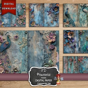Páginas de diário de pavão 3D para impressão, papel de pavão, diário de pássaros, download digital, papel de diário, suprimentos de diário de lixo, suprimentos de diário