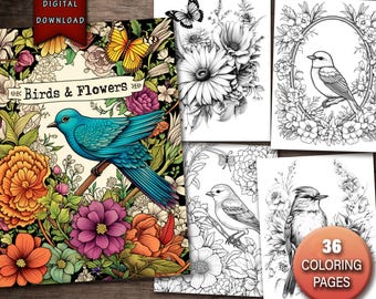 May include: A digital colouring book featuring 36 pages of intricate illustrations of birds and flowers. The cover features a blue bird perched on a branch surrounded by colourful flowers.