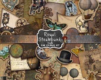 May include: A printable junk journal kit with a steampunk theme. The kit includes images of gears, clocks, butterflies, a hot air balloon, an octopus, and a skull. The kit is titled "Royal Steampunk Printable Junk Journal Kit".