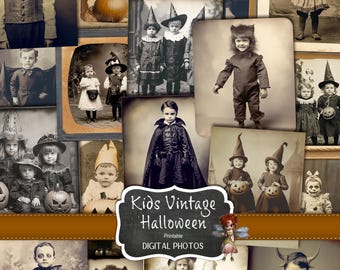 May include: A digital collage of vintage photos of children dressed in Halloween costumes. The photos are in black and white and have a faded, antique look. The collage includes images of children dressed as witches, vampires, devils, and other Halloween characters. The text "Kids Vintage Halloween Printable Digital Photos" is at the bottom of the collage.