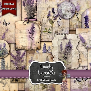 Lavendel bloemen Ephemera Pack, lentebloemen, journaling supplies, junk journal bloemen, digitale download, junk journal supplies, illustraties